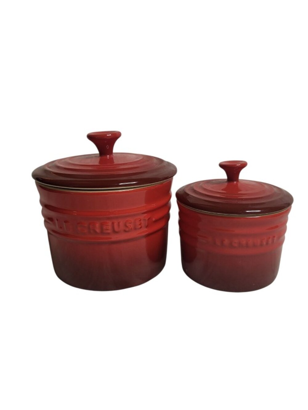 2 Le Creuset Stoneware Spice Jars Cerise Cherry Red 3" Small and 4" Medium